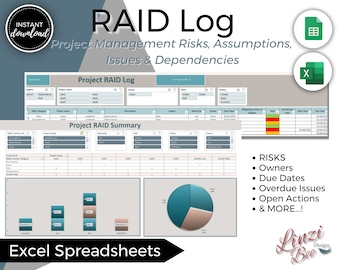 Project Management RAID Log, Risk Tracker, Actions Log, PMO Tracker, Task Tracker Excel Spreadsheet, Project Planner, Schedule, Template