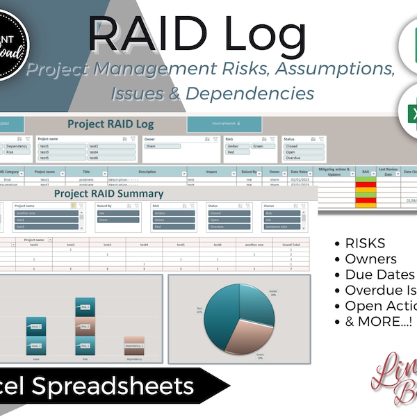 Project Management RAID Log, Risk Tracker, Actions Log, PMO Tracker, Task Tracker Excel Spreadsheet, Project Planner, Schedule, Template