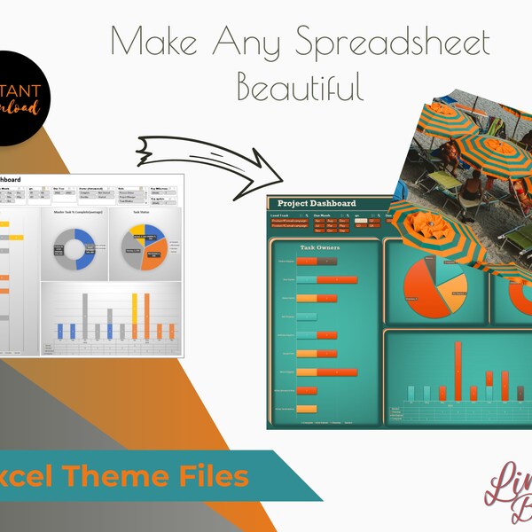 Excel Theme File for Beautiful Spreadsheets, Excel Pretty Colors, Pink Spreadsheet, Planner Dashboard Charts