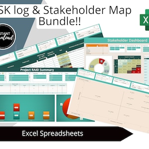 Stakeholder Map & Risk Log Excel Bundle, Project Management RAID, Engagement Planner with Dashboards and Charts for Better Presentations.