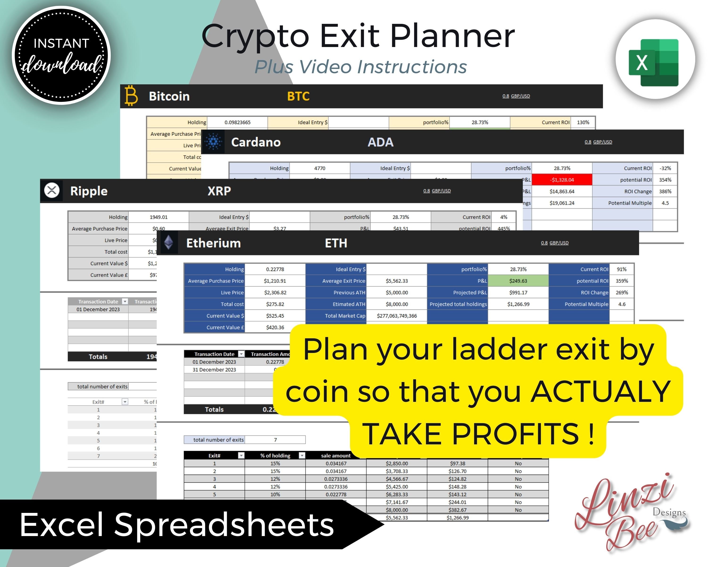 EXCEL 用暗号通貨出口プランナー、個々のコインのラダー販売スケジュール、ROI、ライブ価格 - Etsy 日本