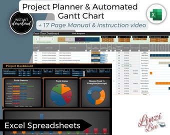 Puede incluir: Una plantilla de planificador de proyectos digital y diagrama de Gantt automatizado para Microsoft Excel. La imagen muestra un tablero con un diagrama de Gantt, propietarios de tareas, estado de las tareas y el porcentaje de finalización de las tareas principales. La plantilla incluye un manual de 17 páginas y un video de instrucciones.