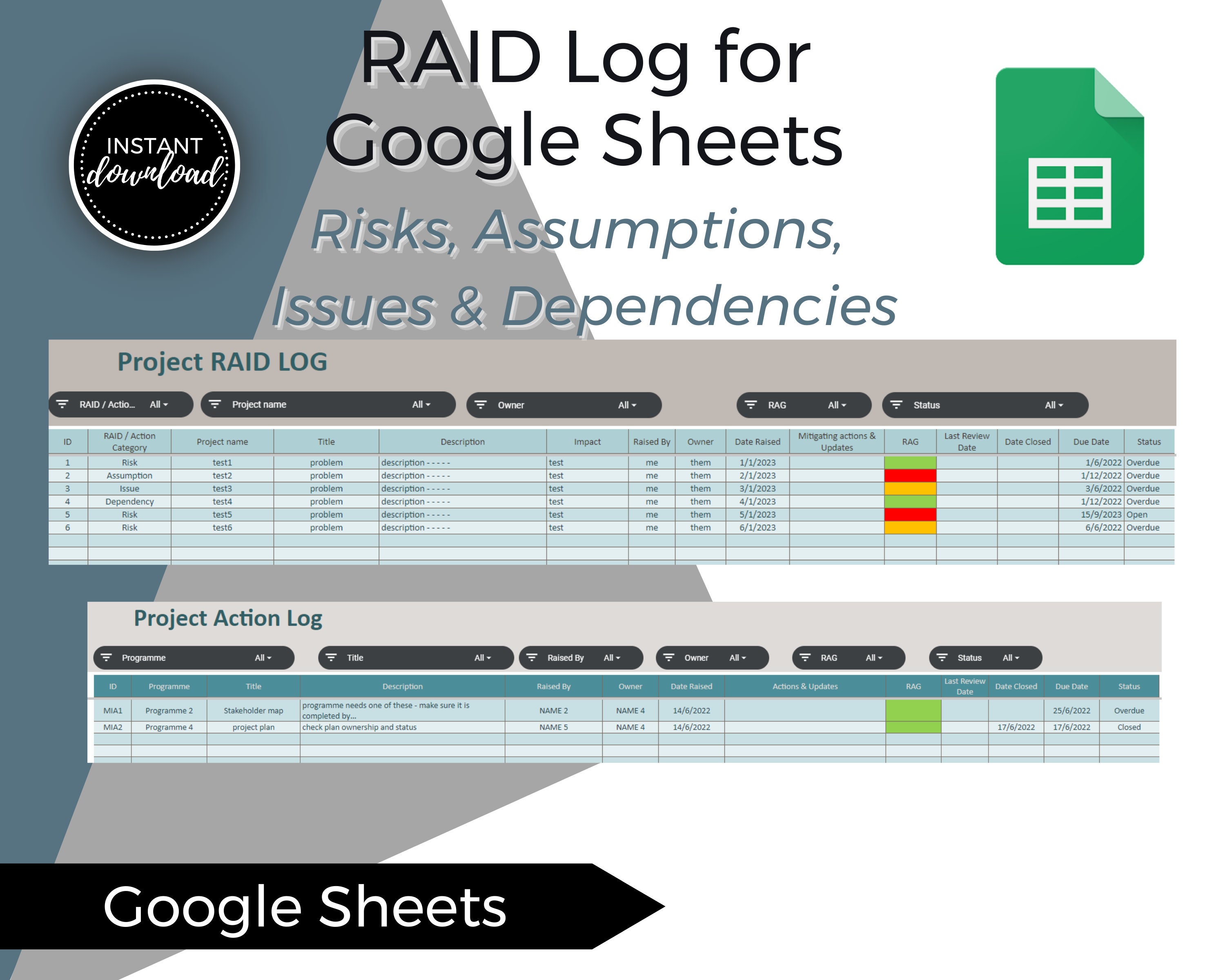 Project Management RAID Log, Risk Tracker, Actions Log, PMO Tracker