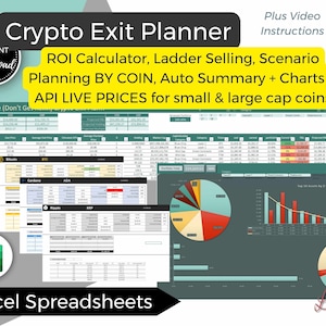 Cryptoportfolio- en exitplanner, verkoopschema ladder, totale ROI, LIVE small-capprijzen, verwacht beleggingsrendement + grafieken per categorie