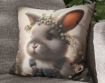 Cute Bunny Pillow Case, Square Throw Pillow Case, Bunny Gift, Cute Home Decor, Country Decor, Rabbit Accent Pillow Case, Floral Pillow Cover