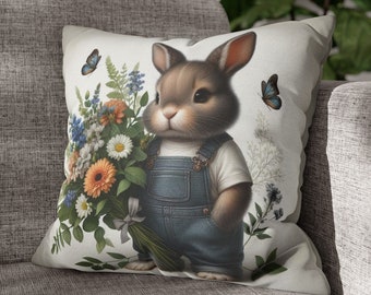 Cute Bunny Pillow Case, Square Throw Pillow Case, Bunny Gift, Cute Home Decor, Country Decor, Rabbit Accent Pillow Case, Floral Pillow Cover