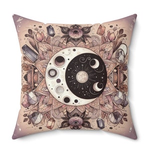 Crystals And Moon Throw Pillow, Celestial Decor, Moon Lover Gift,  Home Decor, Accent Pillow, Crystal Lover Gift, Moon Decor, Mandala design