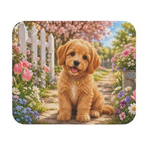 May include: A golden-brown puppy with a pink collar and a bone-shaped tag sits on a stone path. The scene includes a white picket fence, pink tulips, blue flowers, and a metal watering can surrounded by various colorful blossoms in a garden.