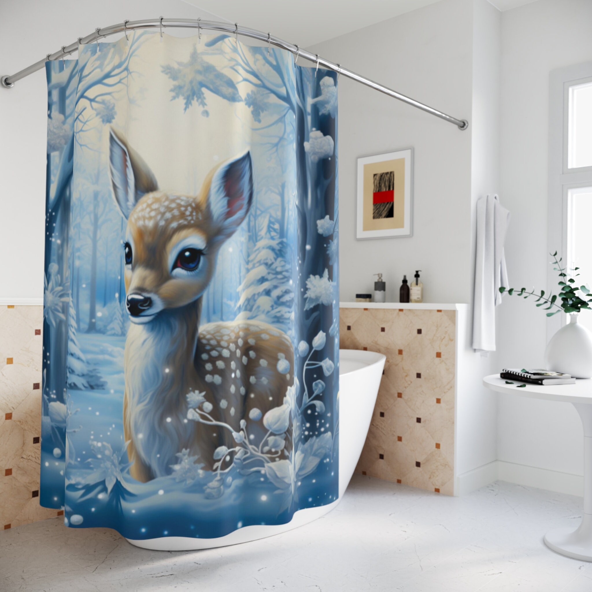 Deer Shower Curtain/winter Bathroom Decor/cute Bathroom Etsy