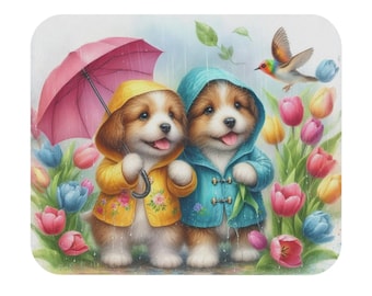 Cute Puppies in the Rain Mouse Pad, Spring Flowers, Cute Dog Desk Mat, Cute Office Decor