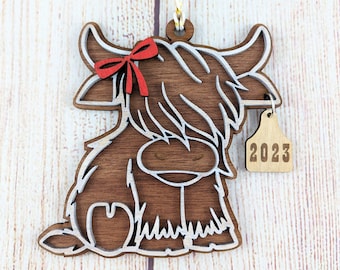 Highland Cow Christmas Ornament with Bow, Personalized Engraved Tag