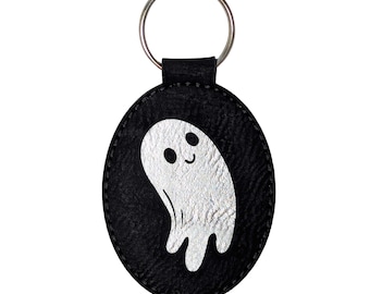 Engraved Vegan Leather Ghost Keychain - Halloween Poltergeist