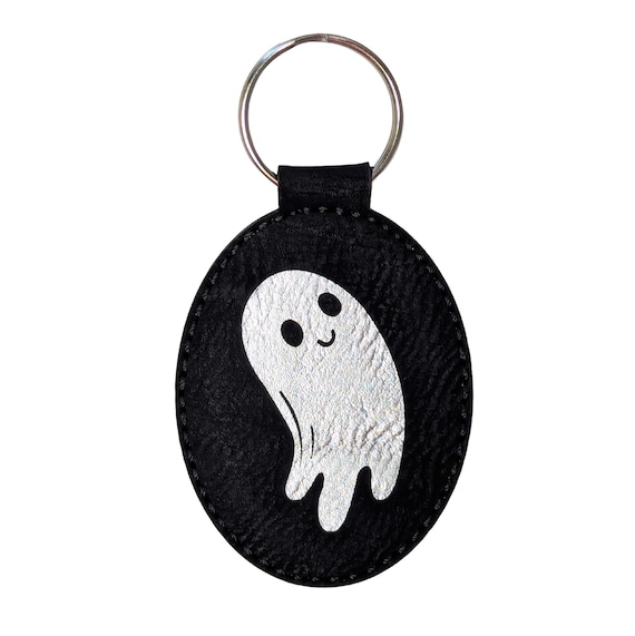 Engraved Vegan Leather Ghost Keychain - Halloween Poltergeist