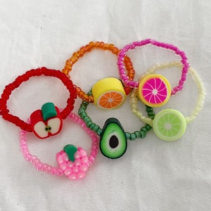 Beaded Fruit Rings, Cute Colorful Beaded Rings, Avocado Ring, Grape Ring, Apple Ring