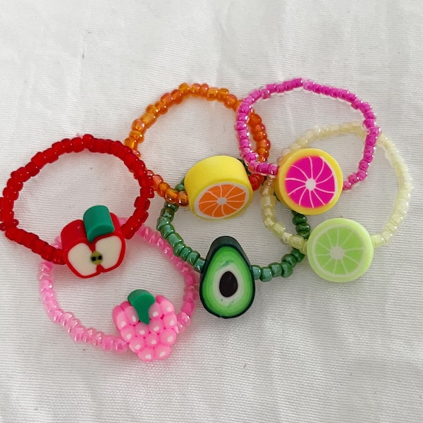 Beaded Fruit Rings, Cute Colorful Beaded Rings, Avocado Ring, Grape Ring, Apple Ring