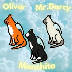 May include: Three cats with angel wings, named Oliver, Mr. Darcy, and Manchita, are depicted against a blue sky with white clouds. The cats are orange, white, and black.