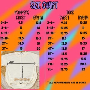 The image is a size chart for children's clothing, including a white shirt and a pair of pants. The chart provides measurements for different age groups, such as 0-3, 3-6, and 4-7, along with corresponding chest measurements. The chart also includes a legend that explains the measurements and the corresponding age groups.