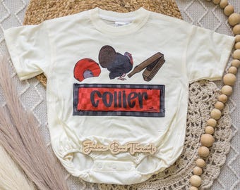 Turkey Name Boy Bubble Romper Bodysuit, Personalized Turkey Hunting Tee, Custom Kid&#39;s Hunting Baggy Romper, Turkey Name Tee, CPSC Compliant