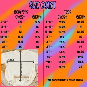 The image is a size chart for children's clothing, including a white shirt and a pair of pants. The chart provides measurements for different age groups, such as "Rompers" and "Tees", along with corresponding chest measurements. The chart also includes a visual representation of the measurements, with a scale and a diagram of a shirt and pants. The text "Size Chart" is prominently displayed at the top of the image.