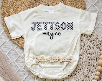 Checkered Name Boy Bubble Romper Bodysuit, Personalized Boys Shirt, Baby Shower Gift, Boys Name Tee, Oversized Romper, CPSC Compliant