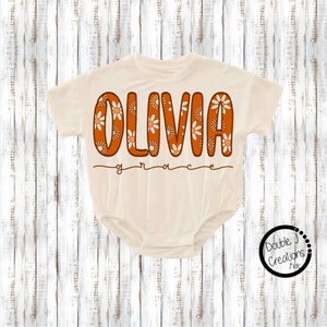 Oversized Orange Floral Personalized Boho First and Middle Name Bubble Romper Bodysuit, Baby/Toddler/Kid Custom Baggy t-shirt Romper