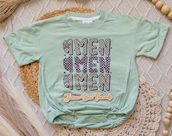 Amen Checkered Neutral Bubble Romper Bodysuit, Oversized Romper, Christian Kid's Tee, Church Tee, Christian Baby Shower Gift, CPSC Compliant