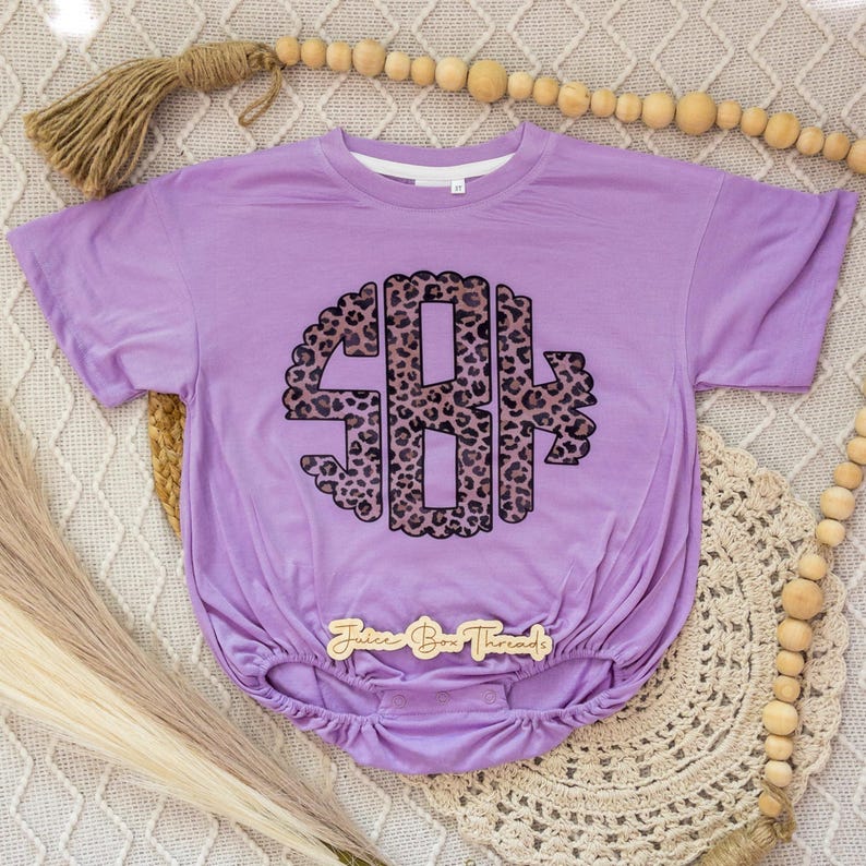 Leopard Monogram Bubble Romper Bodysuit, Oversized Personalized Cheetah Name Shirt, Girls Monogram Tee, Girls Name Romper, CPSC Compliant image 6