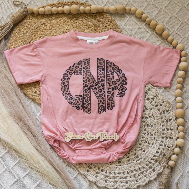 Leopard Monogram Bubble Romper Bodysuit, Oversized Personalized Cheetah Name Shirt, Girls Monogram Tee, Girls Name Romper, CPSC Compliant image 3