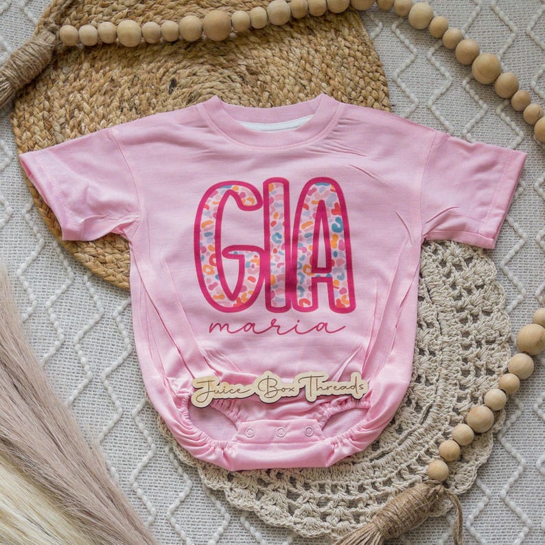 Summer Leopard Name Personalized Oversized Bubble Romper Bodysuit, Baby/Toddler/Kid Custom Baggy Romper, Pink Cheetah, CPSC Compliant immagine 3