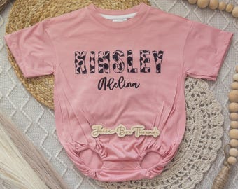 Cow Name Boy Bubble Romper Bodysuit, Personalized Cow Print Tee, Custom Kid's Farmer Baggy Romper, Cow Print Girl Name Tee, CPSC Compliant