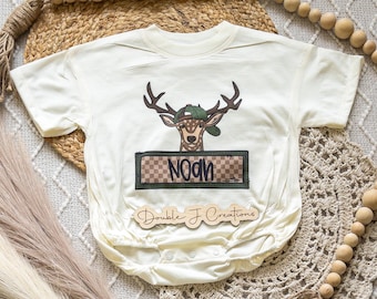 Deer Name Boy Bubble Romper Bodysuit, Personalized Buck Hunting Tee, Custom Kid&#39;s Hunting Baggy Romper, Deer Name Tee, CPSC Compliant