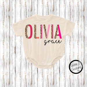 Oversized Pink and Leopard Personalized First and Middle Name Bubble Romper Bodysuit, Baby/Toddler/Kid Custom Baggy t-shirt Romper