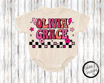 Oversized Personalized Pink Retro Checkered First and Middle Name Girl Bubble Romper Bodysuit, Baby/Toddler/Kids Custom Baggy t-shirt Romper