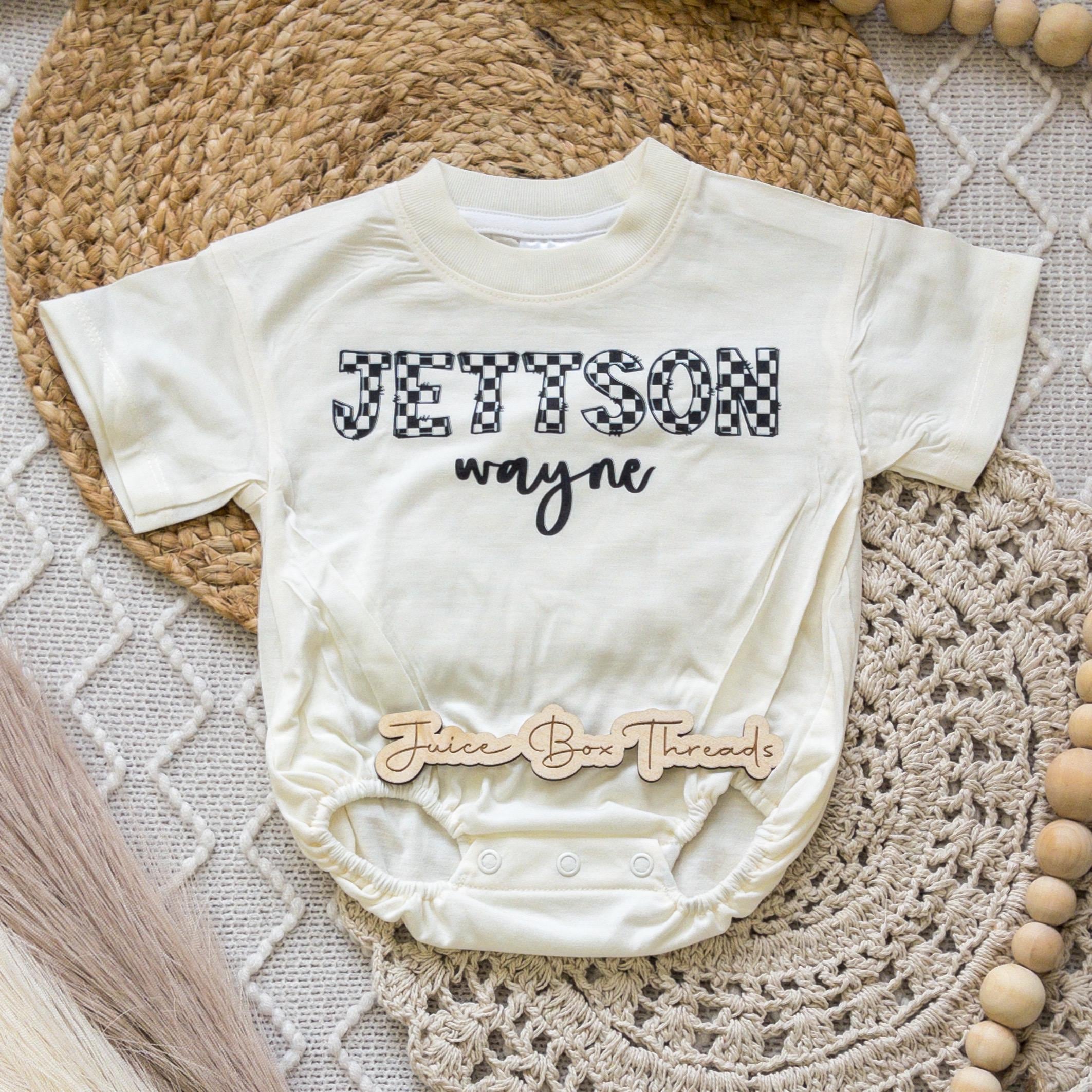Checkered Name Boy Bubble Romper Bodysuit, Personalized Boys Shirt, Baby Shower Gift, Boys Name Tee, Oversized Romper, CPSC Compliant