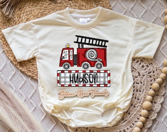 Fire Truck Name Boy Bubble Romper Bodysuit, Personalized Fire Truck Tee, Custom Kid's Truck Baggy Romper, Monster Truck Tee, CPSC Compliant