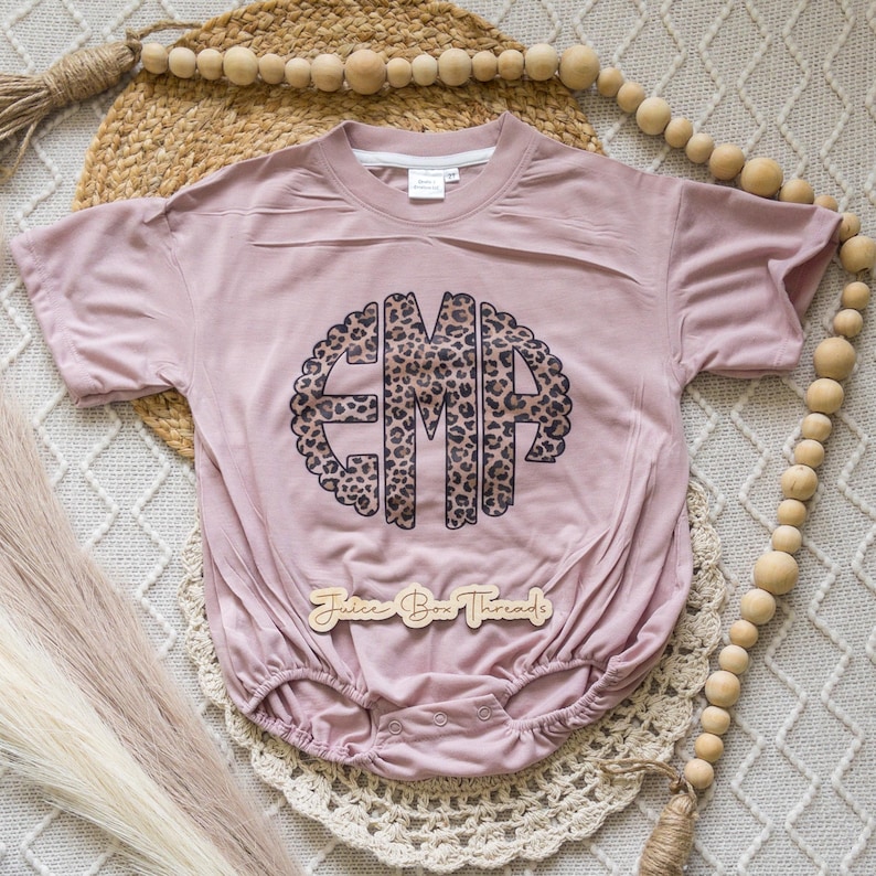 Leopard Monogram Bubble Romper Bodysuit, Oversized Personalized Cheetah Name Shirt, Girls Monogram Tee, Girls Name Romper, CPSC Compliant image 7