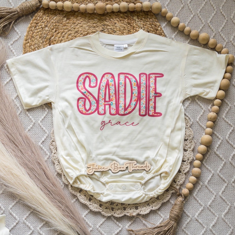 Summer Leopard Name Personalized Oversized Bubble Romper Bodysuit, Baby/Toddler/Kid Custom Baggy Romper, Pink Cheetah, CPSC Compliant immagine 1