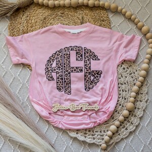 Leopard Monogram Bubble Romper Bodysuit, Oversized Personalized Cheetah Name Shirt, Girls Monogram Tee, Girls Name Romper, CPSC Compliant image 5