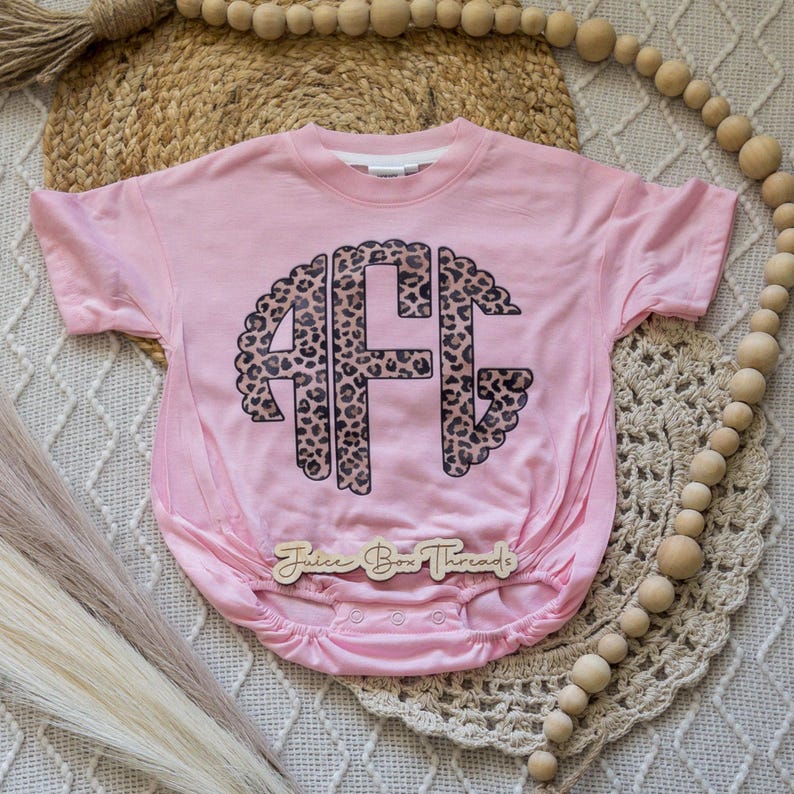 Leopard Monogram Bubble Romper Bodysuit, Oversized Personalized Cheetah Name Shirt, Girls Monogram Tee, Girls Name Romper, CPSC Compliant image 5