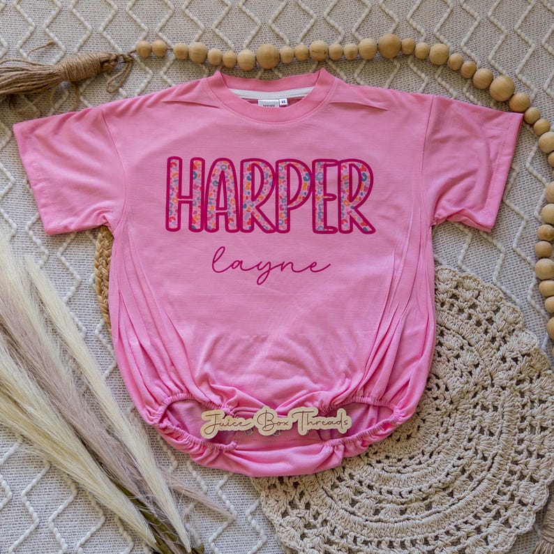 Summer Leopard Name Personalized Oversized Bubble Romper Bodysuit, Baby/Toddler/Kid Custom Baggy Romper, Pink Cheetah, CPSC Compliant immagine 8