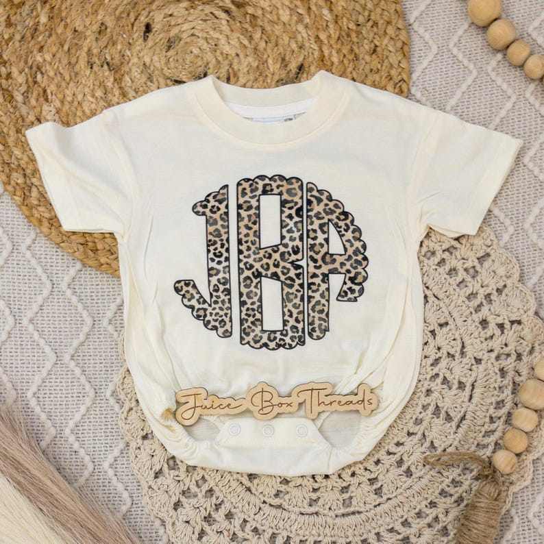 Leopard Monogram Bubble Romper Bodysuit, Oversized Personalized Cheetah Name Shirt, Girls Monogram Tee, Girls Name Romper, CPSC Compliant image 10