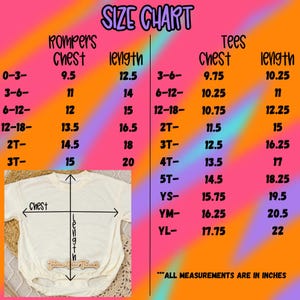 The image is a size chart for children's clothing, including a white shirt and a pair of pants. The chart provides measurements for different age groups, such as "Rompers" and "Tees", along with corresponding chest measurements. The chart also includes a visual representation of the measurements, with a scale and a diagram of a shirt and pants. The text "Size Chart" is prominently displayed at the top of the image.