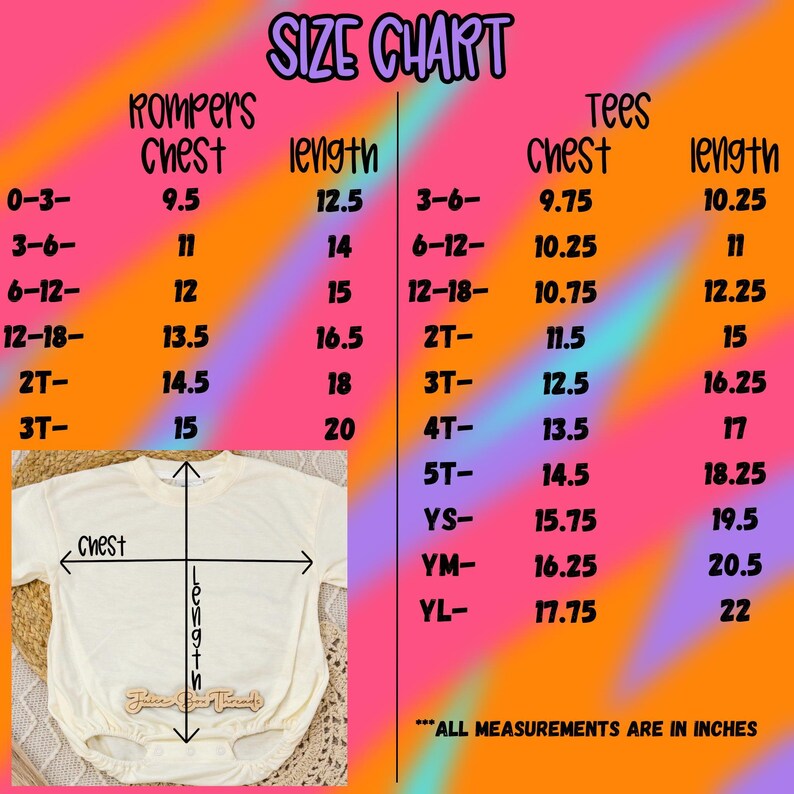 The image is a size chart for children's clothing, including a white shirt and a pair of pants. The chart provides measurements for different age groups, such as "Rompers" and "Tees", along with corresponding chest measurements. The chart also includes a visual representation of the measurements, with a scale and a diagram of a shirt and pants. The text "Size Chart" is prominently displayed at the top of the image.