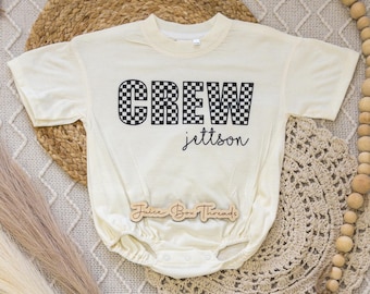 Oversized Personalized Checkered First and Middle Name Bubble Romper Bodysuit, Baby/Toddler/Kid/Youth Tee, Baggy Romper, CPSC Compliant