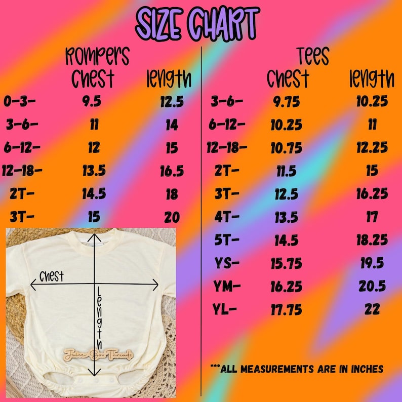The image is a size chart for children's clothing, including a white shirt and a pair of pants. The chart provides measurements for different age groups, such as "Rompers" and "Tees", along with corresponding chest measurements. The chart also includes a visual representation of the measurements, with a scale and a diagram of a shirt and pants. The text "Size Chart" is prominently displayed at the top of the image.