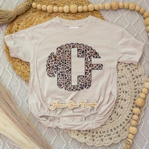 Leopard Monogram Bubble Romper Bodysuit, Oversized Personalized Cheetah Name Shirt, Girls Monogram Tee, Girls Name Romper, CPSC Compliant image 9