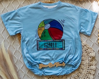 Beach Ball Name Bubble Romper Bodysuit, Boy Vacation Personalized Kid's Tee, Beach Custom Kid's Summer Baggy Romper, CPSC Compliant
