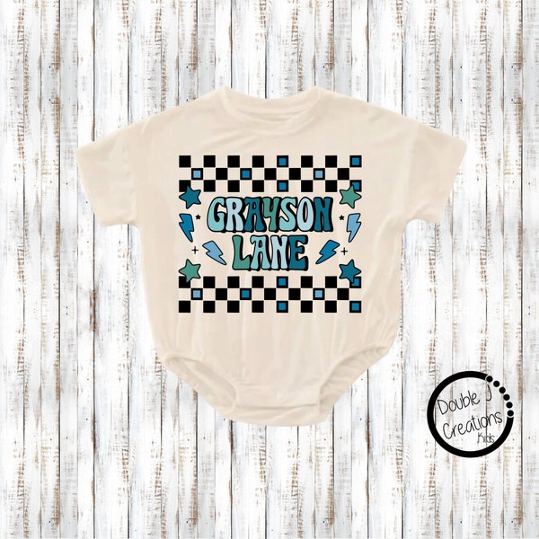 Oversized Blue Retro Checkered Personalized First and Middle Name Bubble Romper Bodysuit, Baby/Toddler/Kid Custom Baggy t-shirt Romper