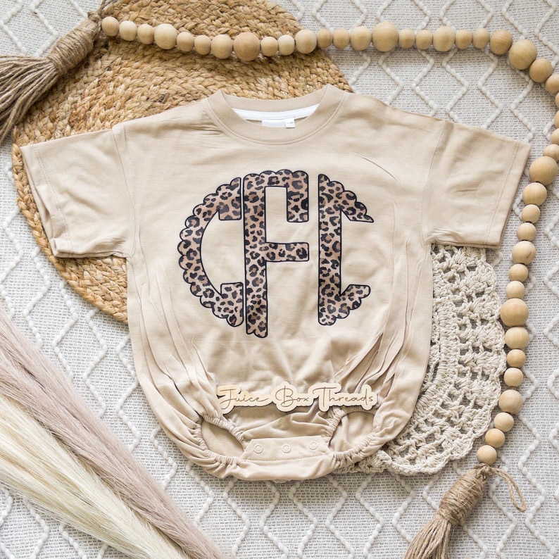 Leopard Monogram Bubble Romper Bodysuit, Oversized Personalized Cheetah Name Shirt, Girls Monogram Tee, Girls Name Romper, CPSC Compliant image 1