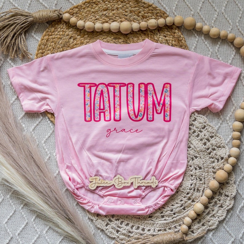 Summer Leopard Name Personalized Oversized Bubble Romper Bodysuit, Baby/Toddler/Kid Custom Baggy Romper, Pink Cheetah, CPSC Compliant immagine 12